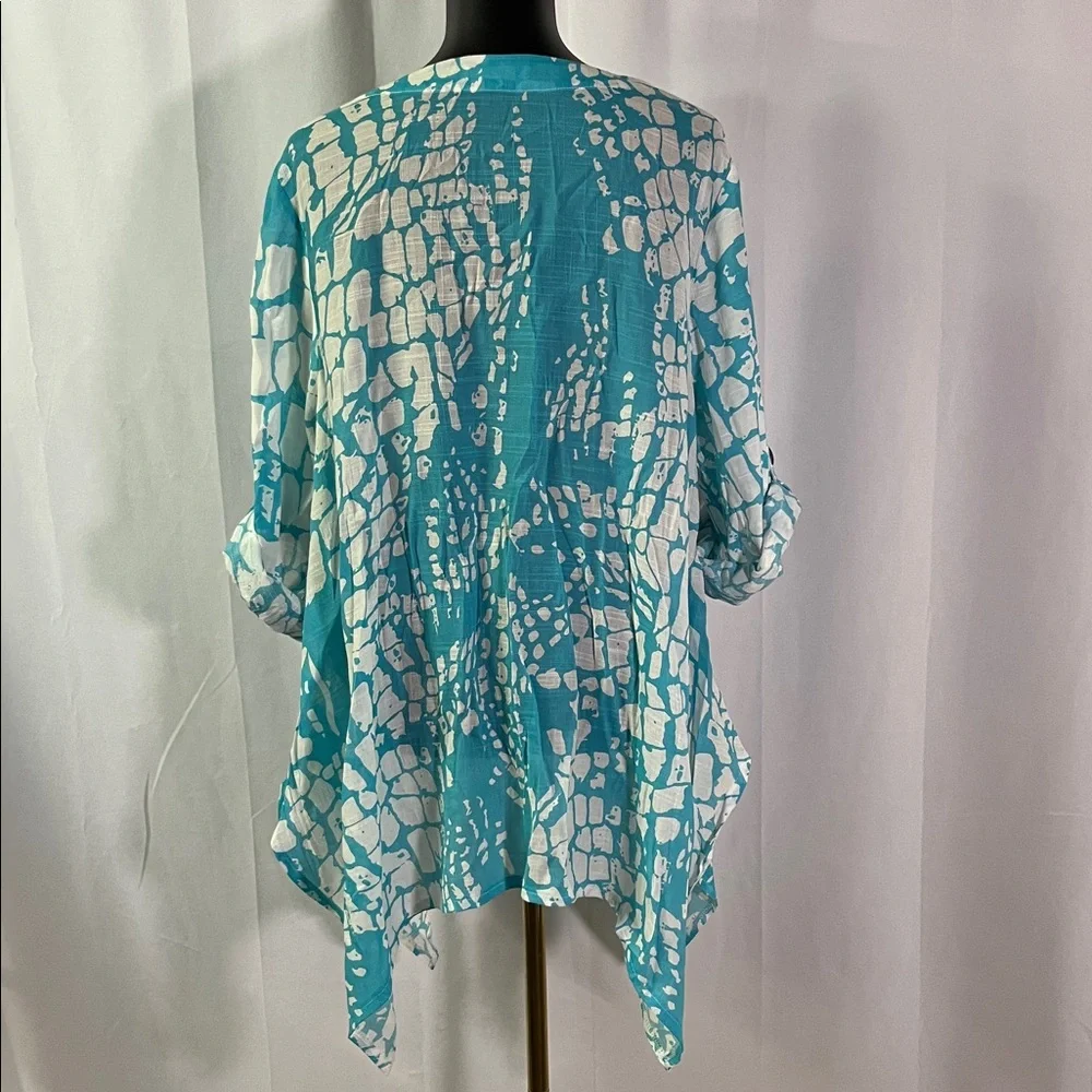 Pleasant Shade Teal & White Printed Roll-Tab Sleeve Tunic Style Swim Coverup